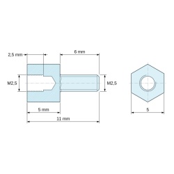 Plan coté 5 mm / 6 mm, Entretoise hexagonale filetée mâle/femelle acier zingué sans plomb M2,5 - 5 mm sur plats