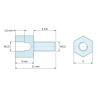 Plan coté 5 mm / 6 mm, Entretoise hexagonale filetée mâle/femelle acier zingué sans plomb M2,5 - 5 mm sur plats