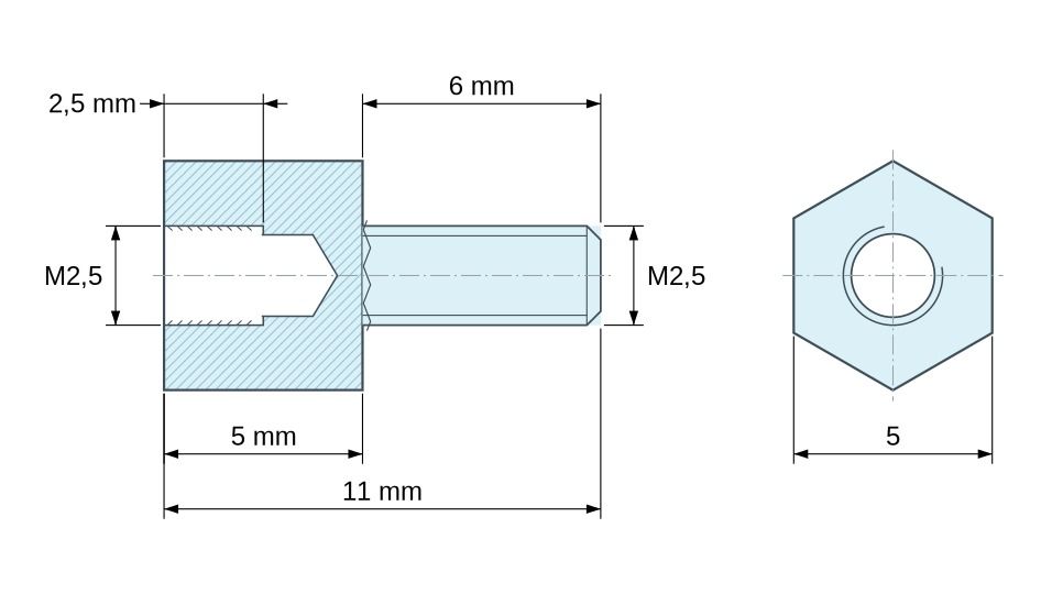 Plan coté Entretoise hexagonale filetée mâle/femelle acier zingué sans plomb M2,5 - 5 mm sur plats Plan coté Entretoise hexagonale filetée mâle/femelle acier zingué sans plomb M2,5 - 5 mm sur plats