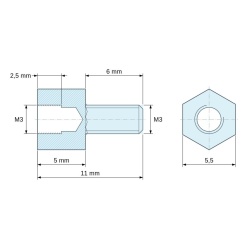 Plan coté 5 mm / 6 mm, Entretoise hexagonale filetée mâle/femelle acier zingué sans plomb M3 - 5,5 mm sur plats