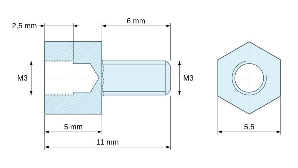 Plan coté Entretoise hexagonale filetée mâle/femelle acier zingué sans plomb M3 - 5,5 mm sur plats