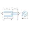 Plan coté 10 mm / 6 mm, Entretoise hexagonale filetée mâle/femelle acier zingué sans plomb M3 - 6 mm sur plats
