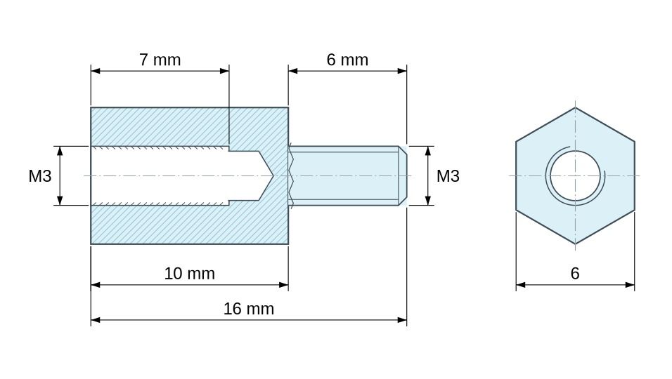Plan coté Entretoise hexagonale filetée mâle/femelle acier zingué sans plomb M3 - 6 mm sur plats