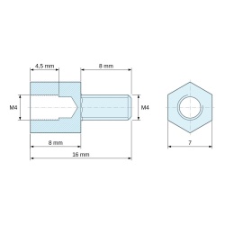 Plan coté 8 mm / 8 mm, Entretoise hexagonale filetée mâle/femelle acier zingué sans plomb M4 - 7 mm sur plats