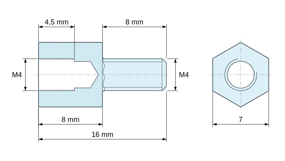 Plan coté Entretoise hexagonale filetée mâle/femelle acier zingué sans plomb M4 - 7 mm sur plats