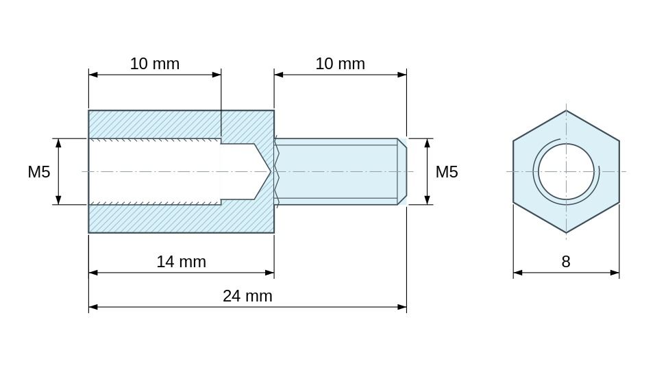 Plan coté Entretoise hexagonale filetée mâle/femelle acier zingué sans plomb M5 - 8 mm sur plats