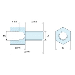 Plan coté 10 mm / 12 mm, Entretoise hexagonale filetée mâle/femelle acier zingué bleu sans plomb M6 - 10 mm sur plats