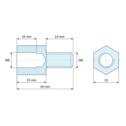 Plan coté 15 mm / 14 mm, Entretoise hexagonale filetée mâle/femelle acier zingué bleu sans plomb M8 - 13 mm sur plats