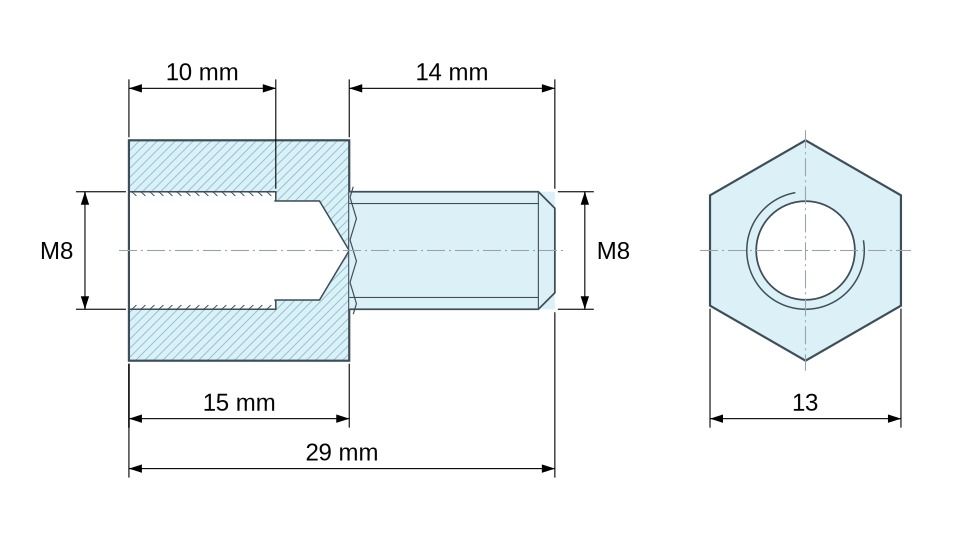 Plan coté Entretoise hexagonale filetée mâle/femelle acier zingué bleu sans plomb M8 - 13 mm sur plats