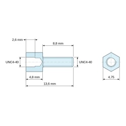 Plan coté 4,8 mm / 8,8 mm, Entretoise hexagonale filetée mâle/femelle acier zingué sans plomb UNC4-40 - 4,75 mm sur plats