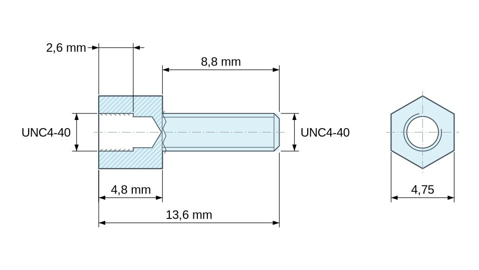 Plan coté Entretoise hexagonale filetée mâle/femelle acier zingué sans plomb UNC4-40 - 4,75 mm sur plats