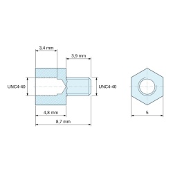 Plan coté 4,8 mm / 3,9 mm, Entretoise hexagonale filetée mâle/femelle acier zingué sans plomb UNC4-40 - 5 mm sur plats