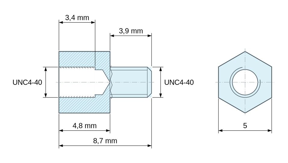 Plan coté Entretoise hexagonale filetée mâle/femelle acier zingué sans plomb UNC4-40 - 5 mm sur plats