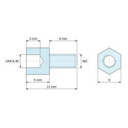 Plan coté 5 mm / 6 mm, Entretoise hexagonale filetée mâle/femelle acier zingué sans plomb UNC4-40 / M3 - 5 mm sur plats