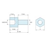 Plan coté 5 mm / 6 mm, Entretoise hexagonale filetée mâle/femelle acier zingué sans plomb UNC4-40 / M3 - 5 mm sur plats