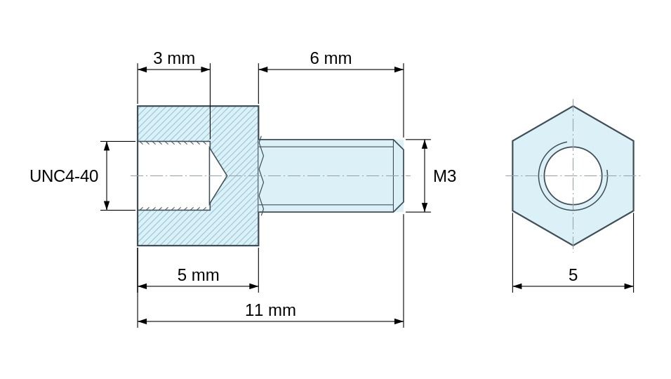 Plan coté Entretoise hexagonale filetée mâle/femelle acier zingué sans plomb UNC4-40 / M3 - 5 mm sur plats