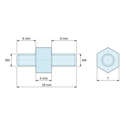 Plan coté 5 mm / 6 / 8 mm, Entretoise hexagonale filetée mâle/mâle acier zingué sans plomb M4 - 7 mm sur plats, tiges 6 et 8 mm