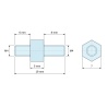 Plan coté 5 mm / 6 / 8 mm, Entretoise hexagonale filetée mâle/mâle acier zingué sans plomb M4 - 7 mm sur plats, tiges 6 et 8 mm