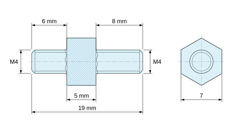 Plan coté Entretoise hexagonale filetée mâle/mâle acier zingué sans plomb M4 - 7 mm sur plats, tiges 6 et 8 mm