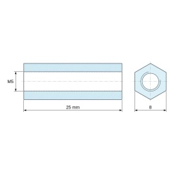 Plan coté 25 mm, Entretoise hexagonale filetée femelle/femelle acier zingué jaune sans plomb M5 - 8 mm sur plats