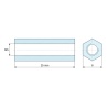 Plan coté 25 mm, Entretoise hexagonale filetée femelle/femelle acier zingué jaune sans plomb M5 - 8 mm sur plats