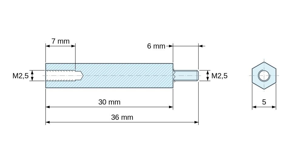 Plan coté Entretoise hexagonale filetée mâle/femelle acier zingué jaune sans plomb M2,5 - 5 mm sur plats