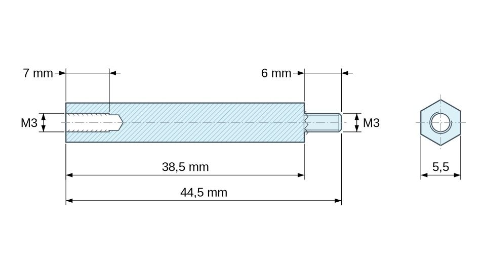 Plan coté Entretoise hexagonale filetée mâle/femelle acier zingué jaune sans plomb M3 - 5,5 mm sur plats