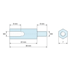 Plan coté 22 mm / 8 mm, Entretoise hexagonale filetée mâle/femelle acier zingué jaune sans plomb M4 - 7 mm sur plats