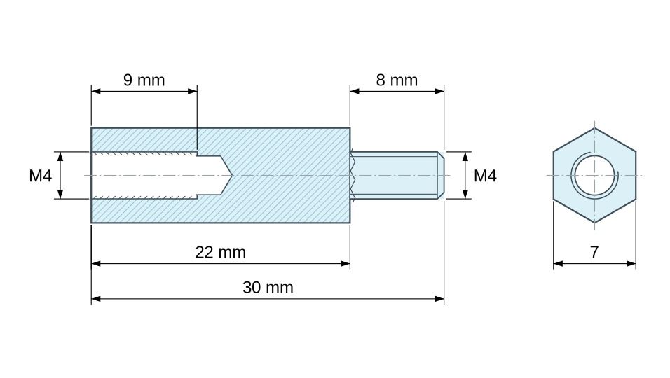 Plan coté Entretoise hexagonale filetée mâle/femelle acier zingué jaune sans plomb M4 - 7 mm sur plats