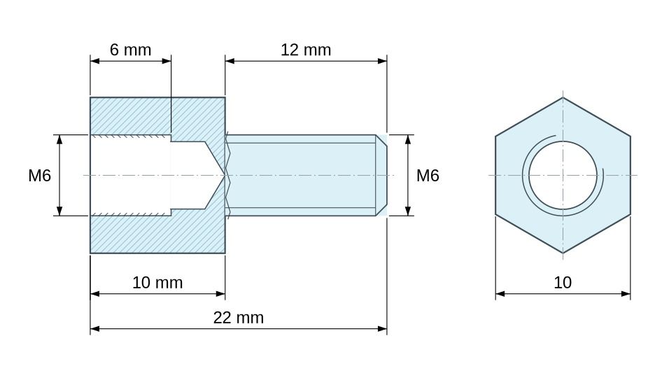 Plan coté Entretoise hexagonale filetée mâle/femelle acier zingué jaune sans plomb M6 - 10 mm sur plats
