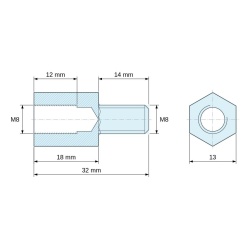Plan coté 18 mm / 14 mm, Entretoise hexagonale filetée mâle/femelle acier zingué jaune sans plomb M8 - 13 mm sur plats