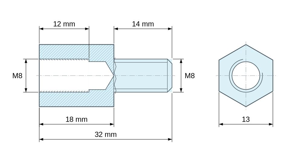 Plan coté Entretoise hexagonale filetée mâle/femelle acier zingué jaune sans plomb M8 - 13 mm sur plats Plan coté Entretoise hexagonale filetée mâle/femelle acier zingué jaune sans plomb M8 - 13 mm sur plats