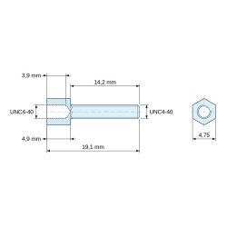 Plan coté 4,9 mm / 14,2 mm, Entretoise hexagonale filetée mâle/femelle acier zingué jaune sans plomb UNC4-40 - 4,75 mm sur plats
