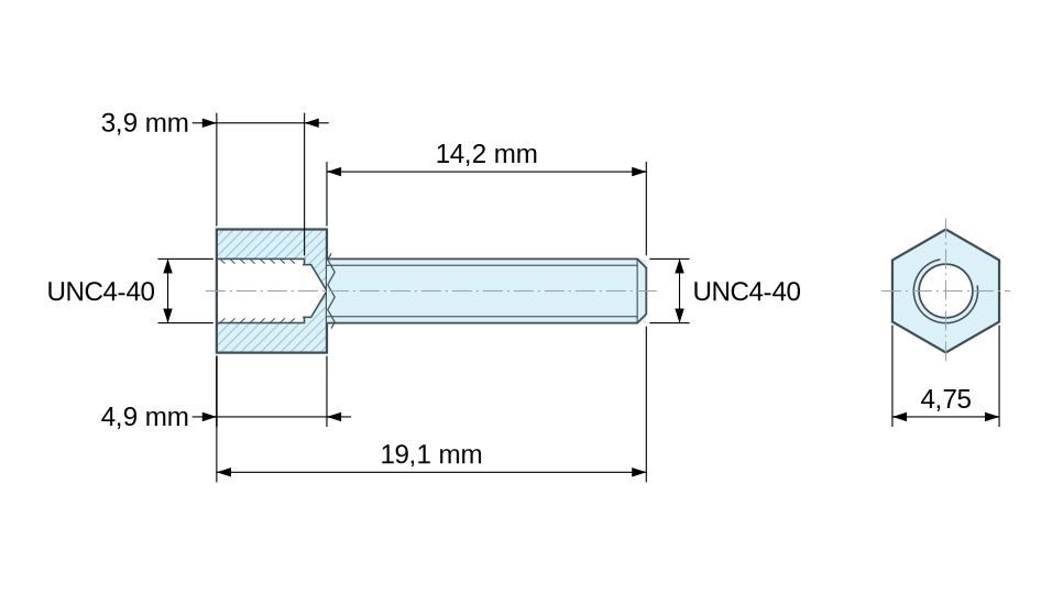 Plan coté Entretoise hexagonale filetée mâle/femelle acier zingué jaune sans plomb UNC4-40 - 4,75 mm sur plats