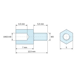 Plan coté 7 mm / 5,5 mm, Entretoise hexagonale filetée mâle/femelle acier zingué jaune sans plomb UNC4-40 / M3 - 5 mm sur plats