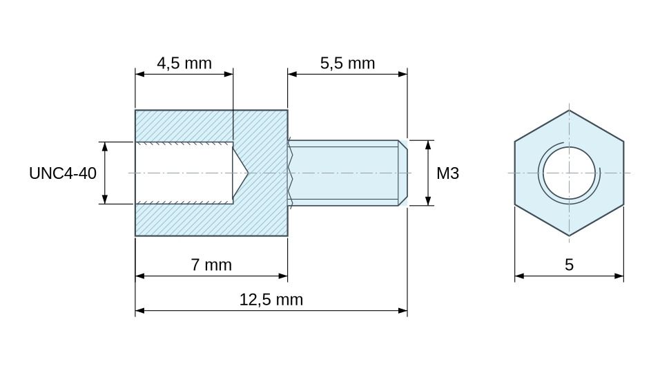 Plan coté Entretoise hexagonale filetée mâle/femelle acier zingué jaune sans plomb UNC4-40 / M3 - 5 mm sur plats