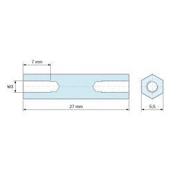 Plan coté 27 mm, Entretoise manchon hexagonal fileté femelle/femelle acier zingué sans plomb M3