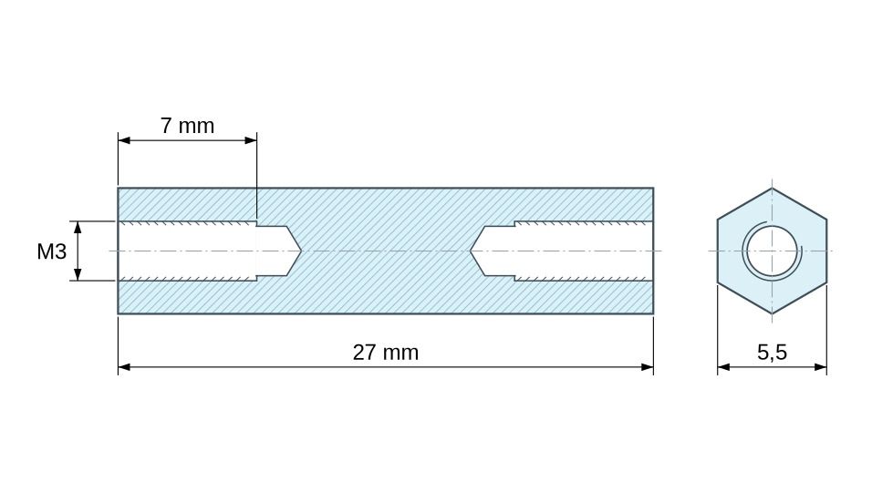 Plan coté Entretoise manchon hexagonal fileté acier zingué sans plomb M3