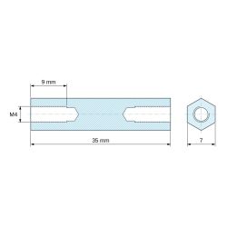 Plan coté 35 mm, Entretoise manchon hexagonal fileté femelle/femelle acier zingué sans plomb M4