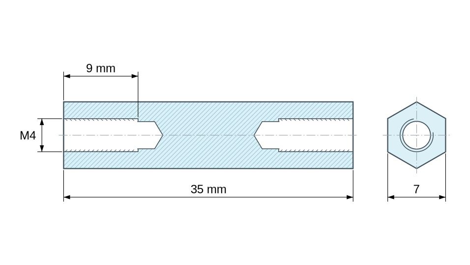 Plan coté Entretoise manchon hexagonal fileté acier zingué sans plomb M4