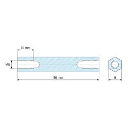 Plan coté 50 mm, Entretoise manchon hexagonal fileté femelle/femelle acier zingué sans plomb M5