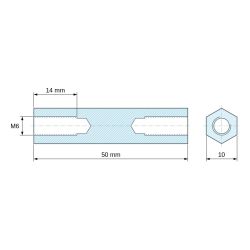 Plan coté 50 mm, Entretoise manchon hexagonal fileté femelle/femelle acier zingué sans plomb M6