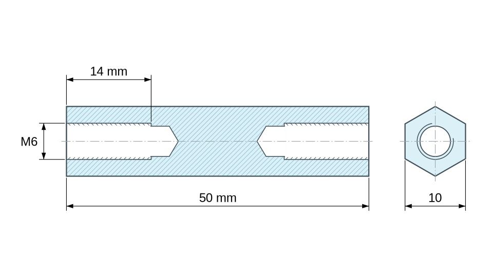 Plan coté Entretoise manchon hexagonal fileté acier zingué sans plomb M6