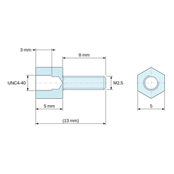 Plan coté 5 mm / 8 mm, Entretoise hexagonale filetée mâle/femelle acier zingué jaune UNC4-40 / M2,5 - 5 mm sur plats