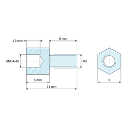 Plan coté 5 mm / 6 mm, Entretoise hexagonale filetée mâle/femelle acier zingué jaune UNC4-40 / M3 - 5 mm sur plats