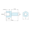 Plan coté 5 mm / 6 mm, Entretoise hexagonale filetée mâle/femelle acier zingué jaune UNC4-40 / M3 - 5 mm sur plats