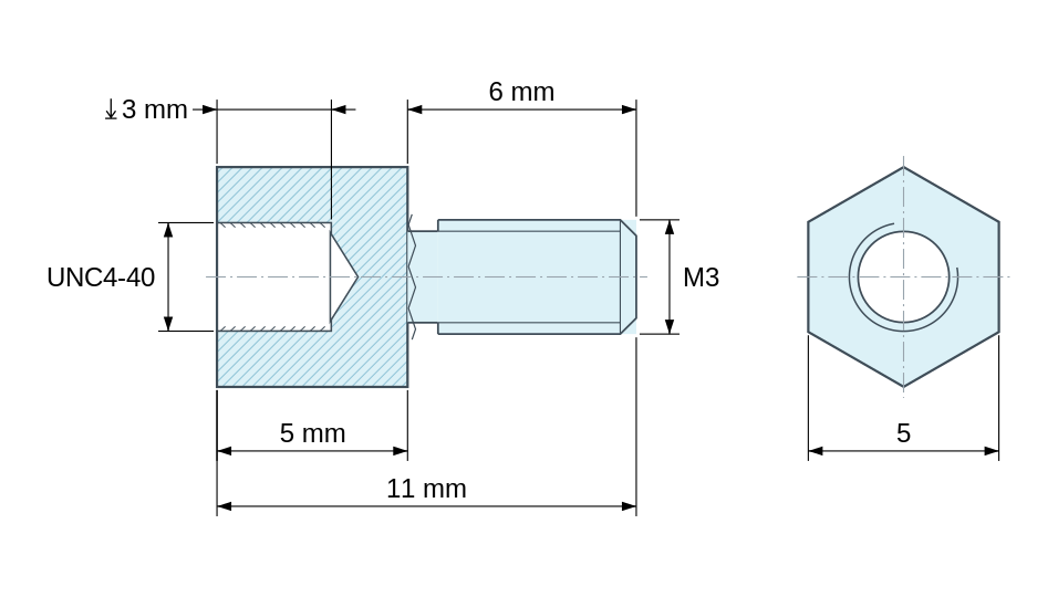 Plan coté Entretoise hexagonale filetée mâle/femelle acier zingué jaune UNC4-40 / M3 - 5 mm sur plats