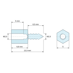 Plan coté 6,8 mm / 6,5 mm, Entretoise hexagonale filetée autotaraudeuse acier zingué M2,5 / ST2,6 - 5 mm sur plats