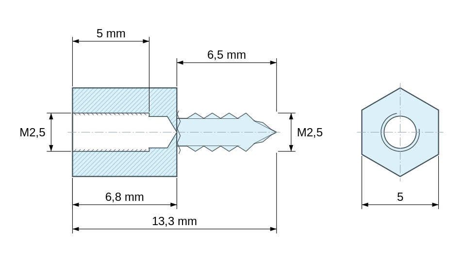 Plan coté Entretoise hexagonale filetée autotaraudeuse acier zingué M2,5 / ST2,6 - 5 mm sur plats