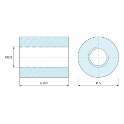 Plan coté 6 mm, Entretoise ronde filetée femelle/femelle plastique polyacétal POM blanc UL94-HB M2,5 - Ø5 mm
